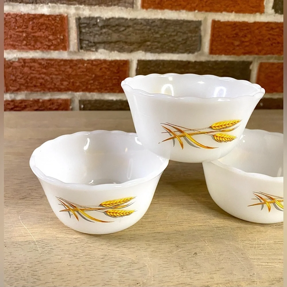 Lot of 3 Vintage‎ Anchor Hocking Fire King Wheat Pattern Milk Glass Dessert Cups